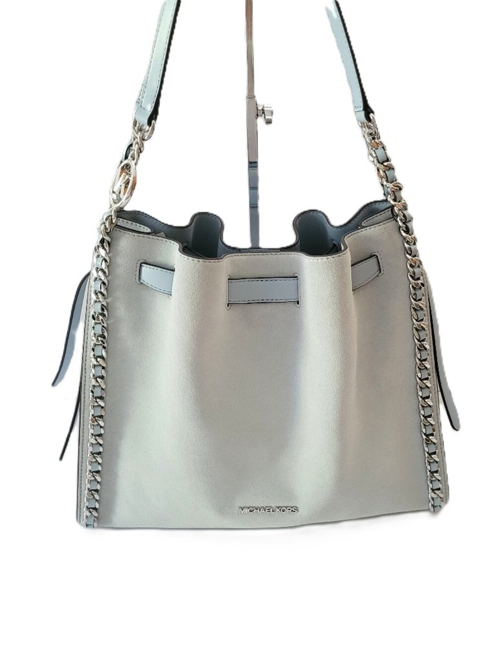 Michael Kors Mina Large Belted Chain Inlay Shoulder Bag Tote Pale Ocean Suede